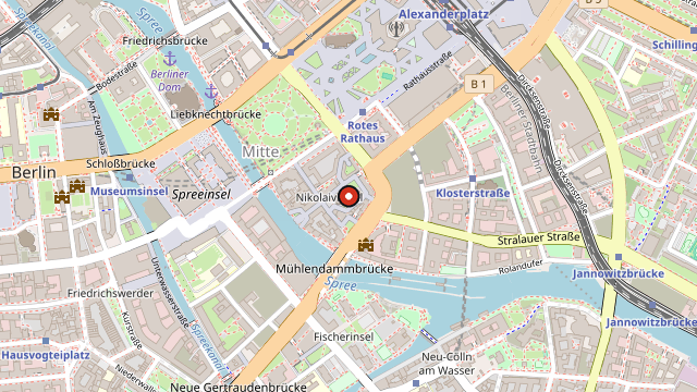 Kart som viser hvor Nikolaikirche ligger i Berlin