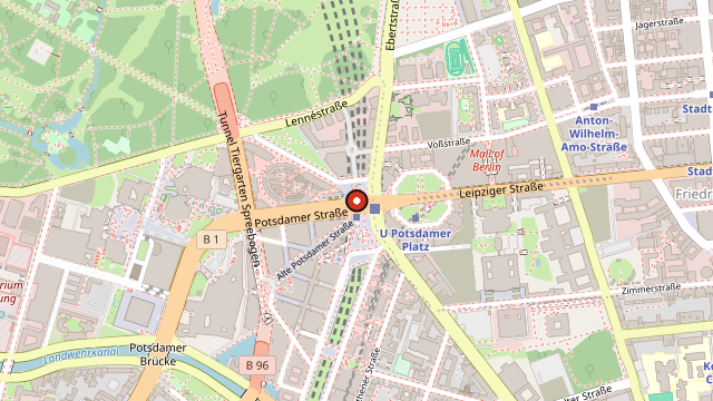 Kart som viser hvor Potsdamer Platz ligger i Berlin