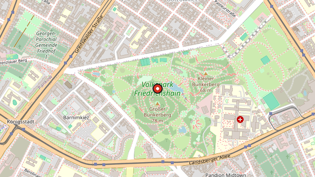 Kart som viser hvor Volkspark Friedrichshain ligger i Berlin