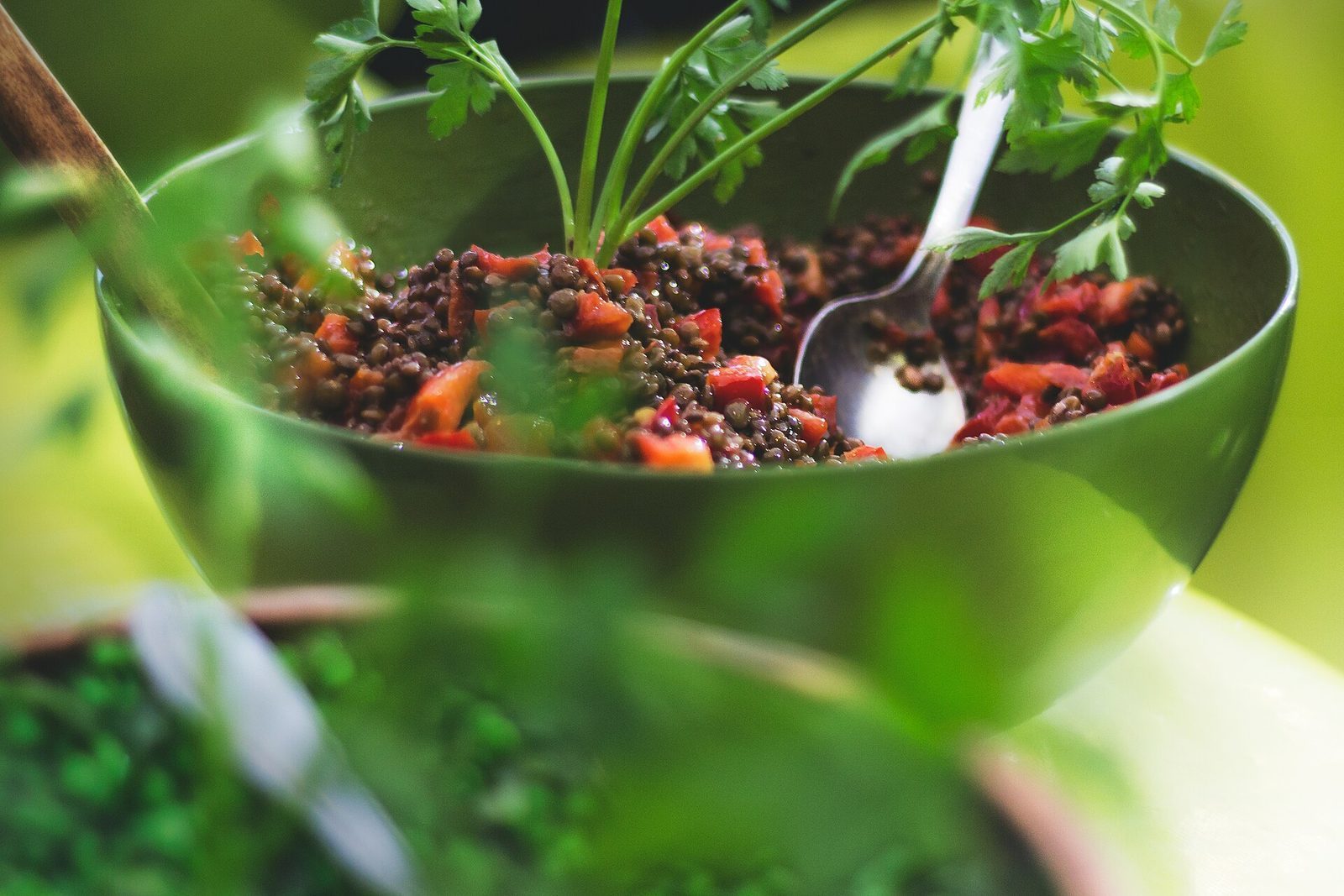 Grønn skål med linsesalat, paprika og friske urter